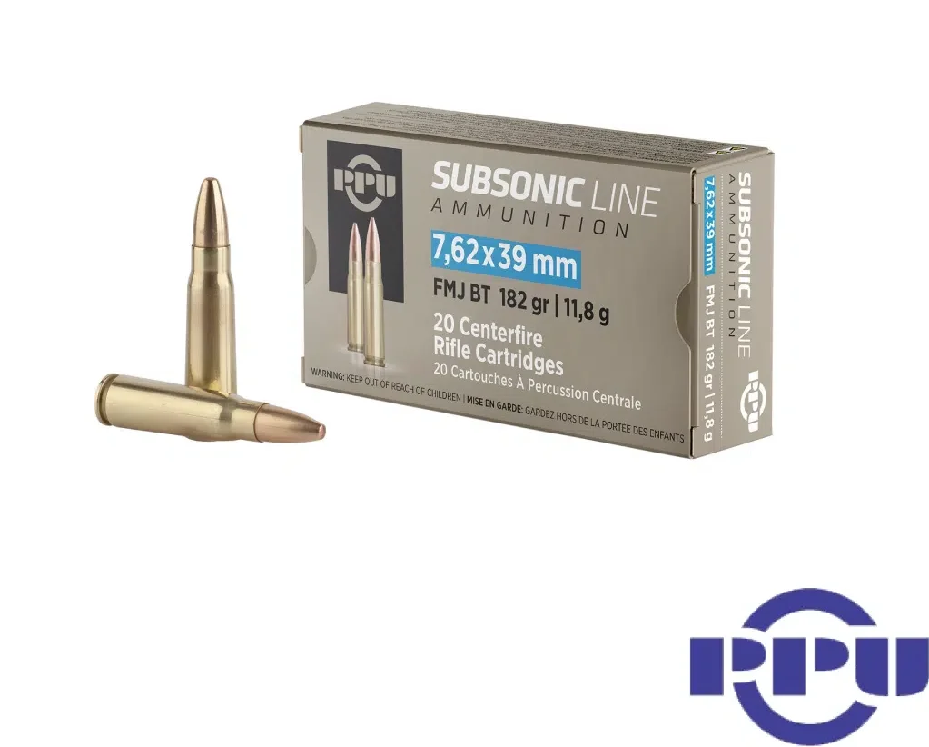 PPU Subsonic 7.62x39mm 182gr. FMJ (20rds & 500rds)